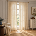Chic Bohemian Crochet Curtain — two cream crochet panels framing a tall living room window