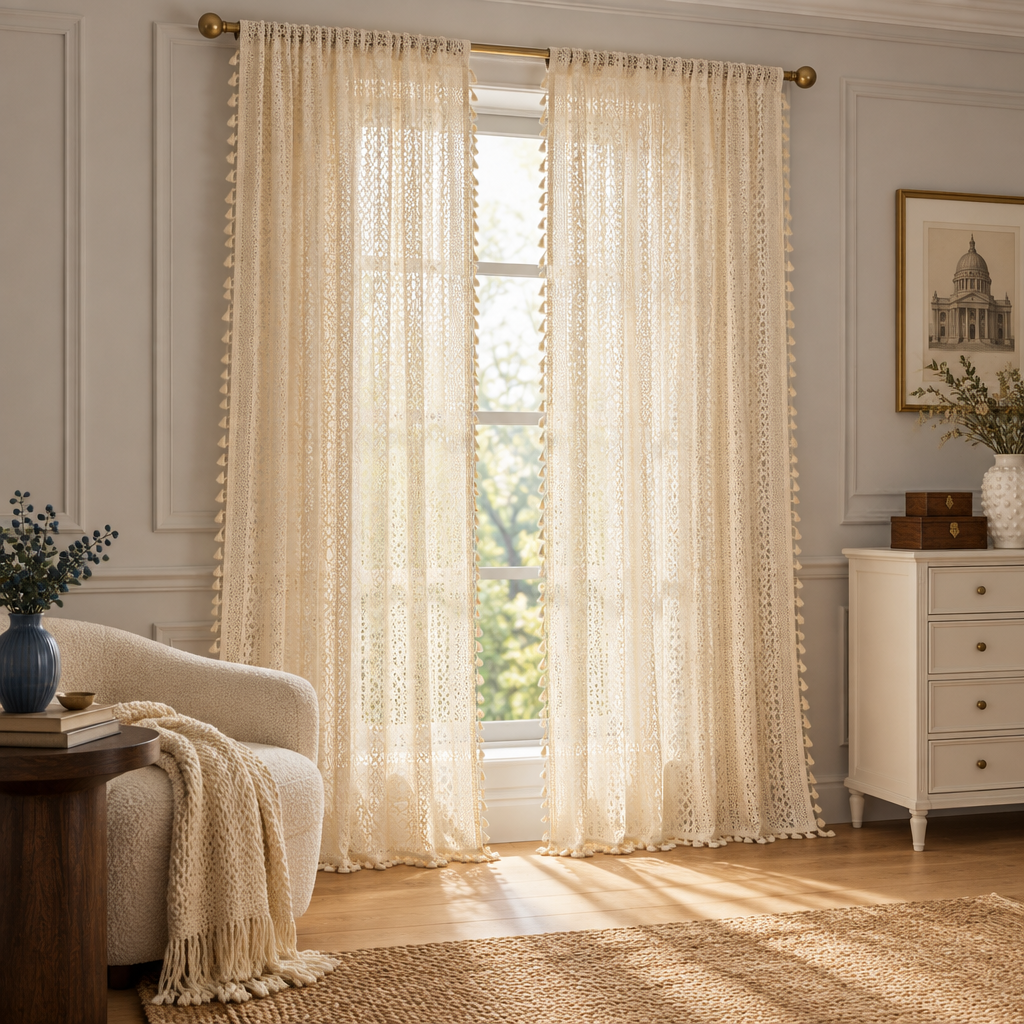 Chic Bohemian Crochet Curtain — two cream crochet panels framing a tall living room window