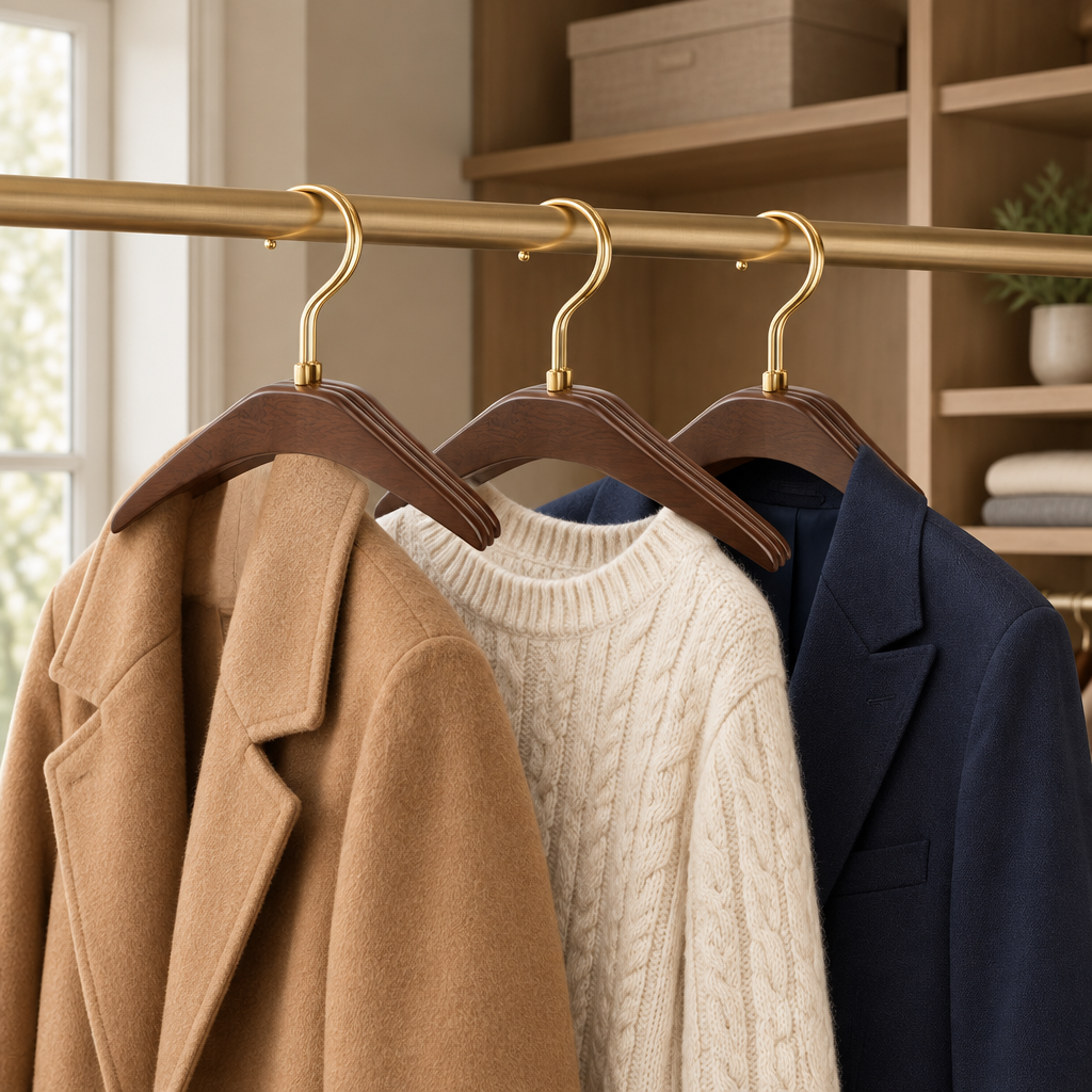 Golden Arc Wooden Hangers, Set of 3 — in use at home