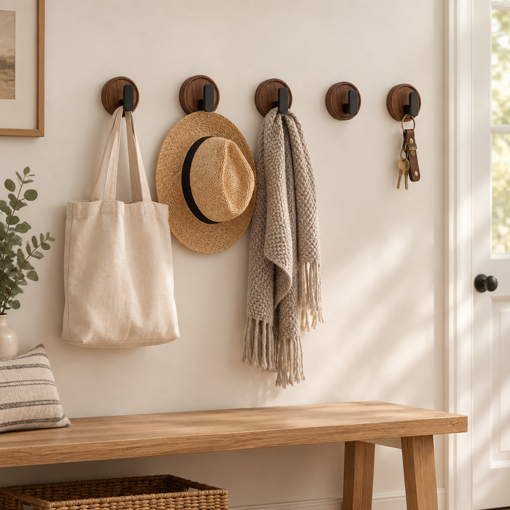 Nordic Walnut Wood Wall Hooks, Set of 5 — in use at home