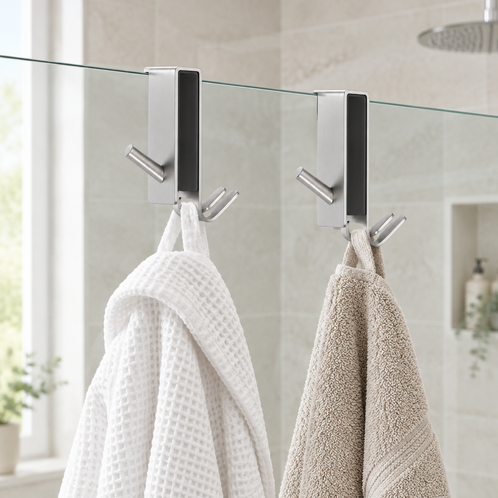 On Glass Stainless Shower Door Hooks, 2-Pack — in use at home