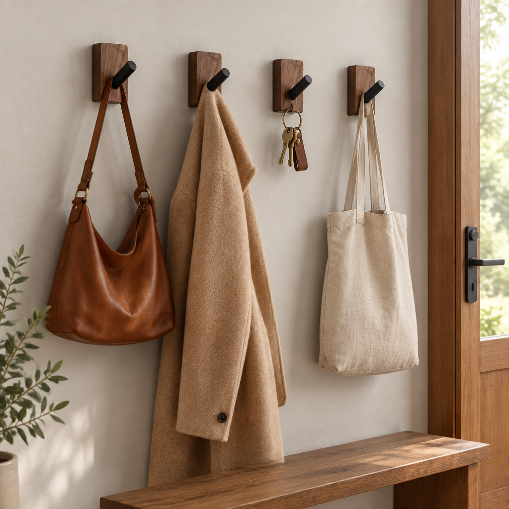 Natural Wood Wall Hooks, Set of 4 — in use at home