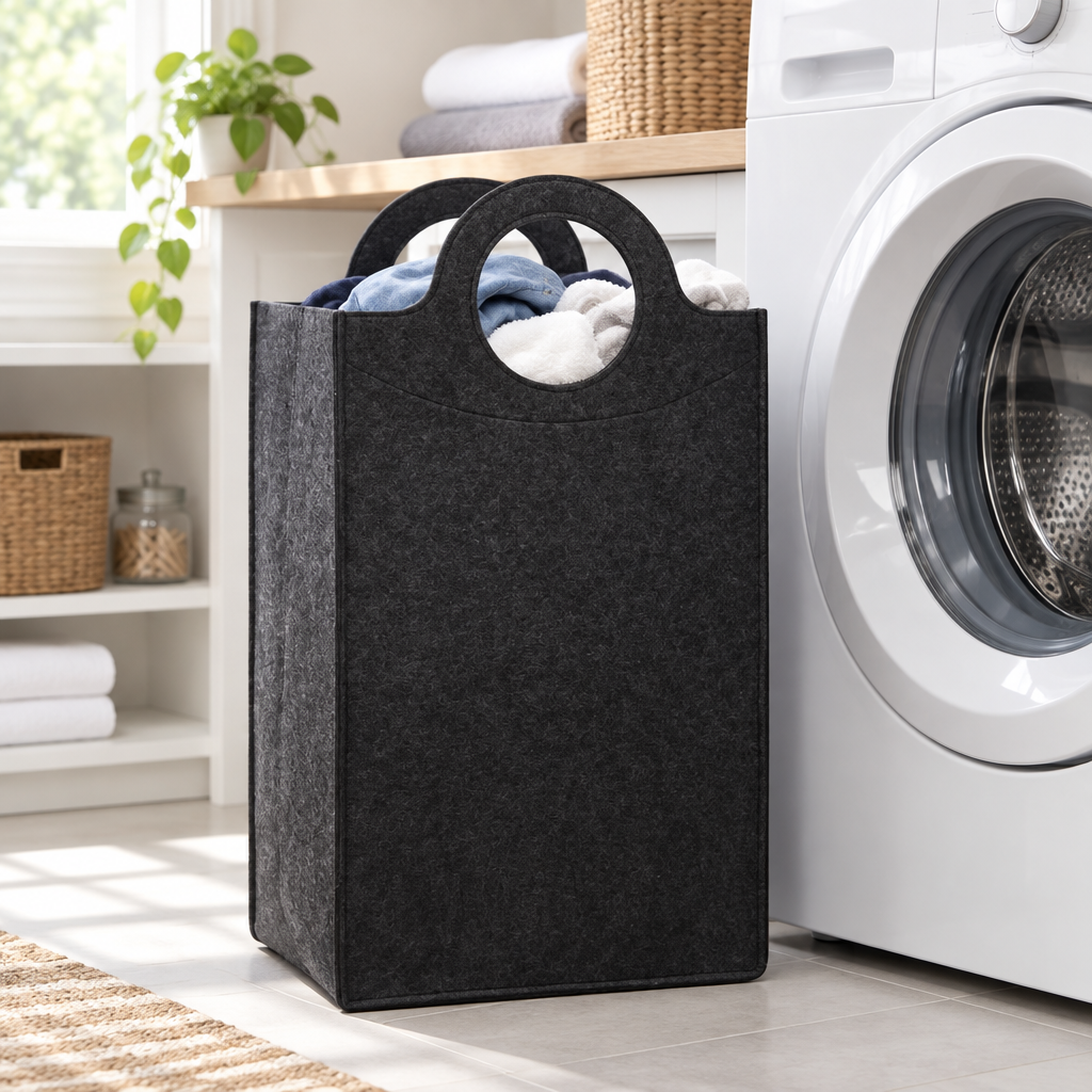 Oxford Fold Felt Laundry Basket — in use at home