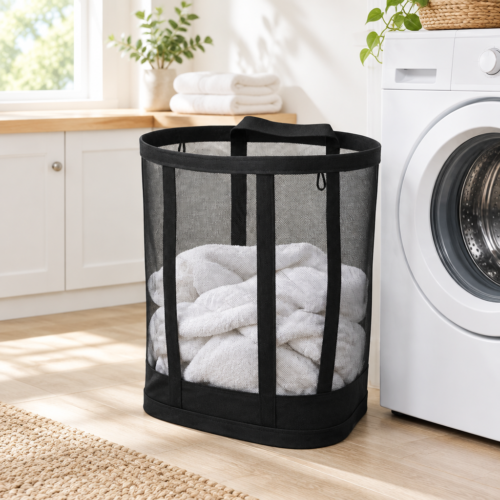 Foldable Mesh Laundry Basket — in use at home