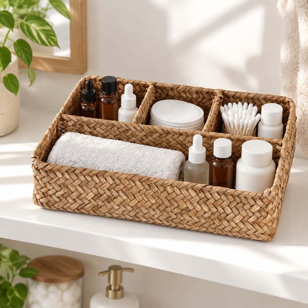Nature Nest Rattan Organizer — styled in the home