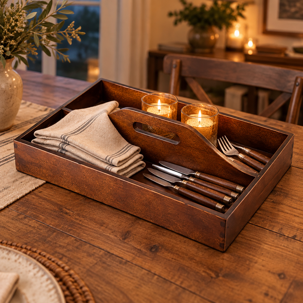 Timeless Vintage Wooden Organizer Tray — in use at home