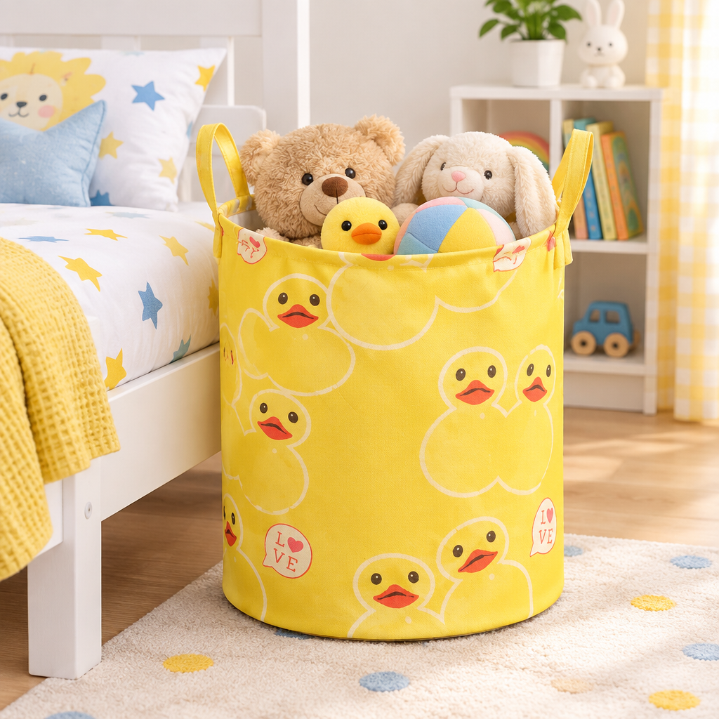 Happy Duck Waterproof Laundry Basket — in use at home