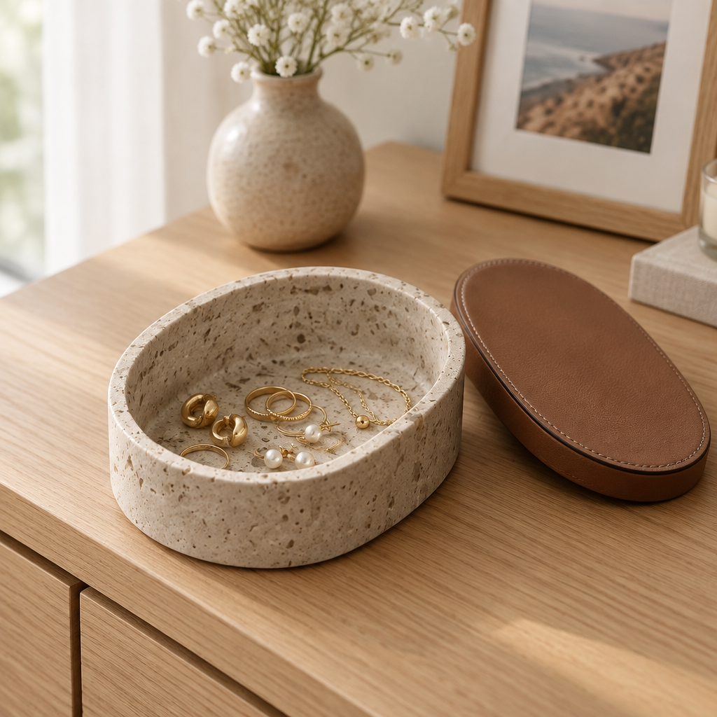 Marble Leather Lid Jewelry Storage Box — in use at home