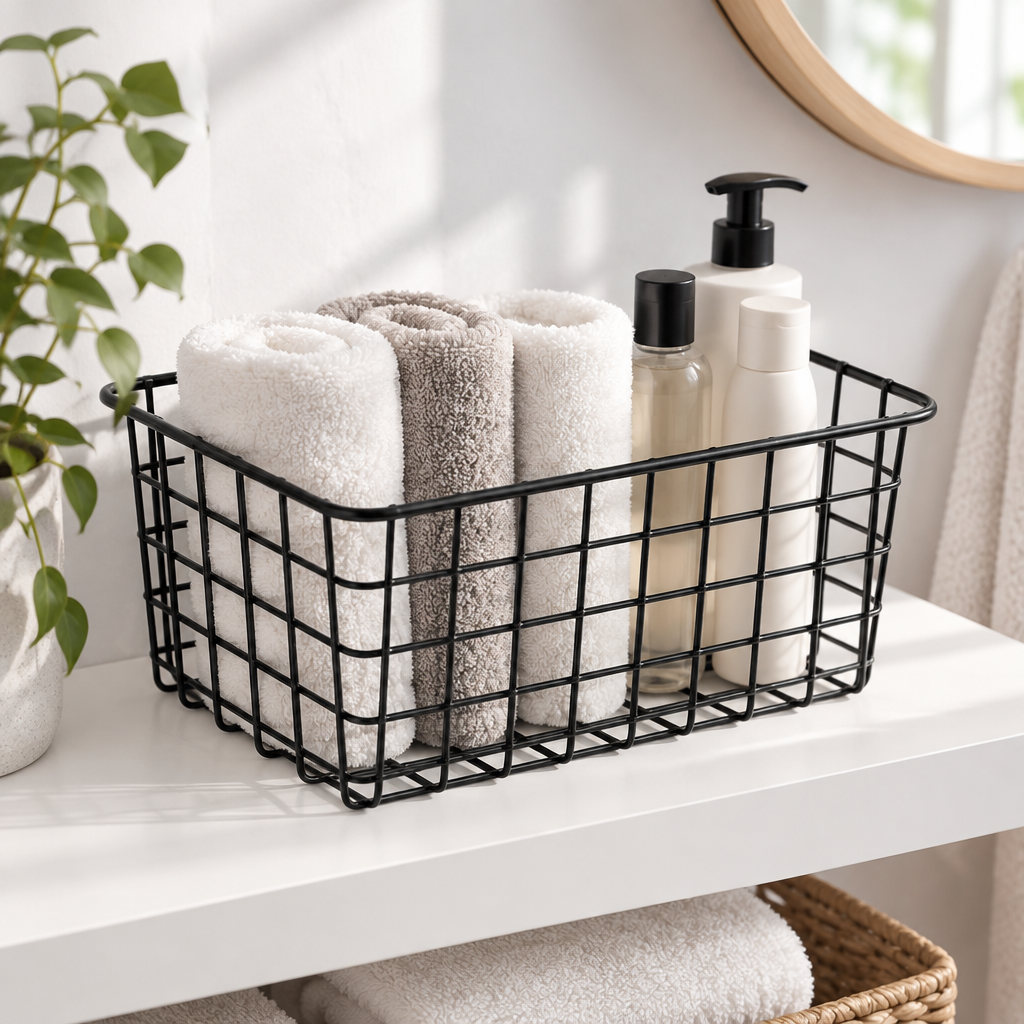 Sleek Wire Organizer Storage Basket — styled in the home