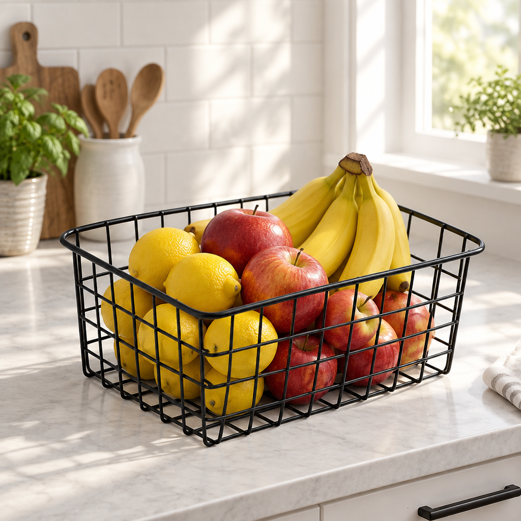 Sleek Wire Organizer Storage Basket — in use at home