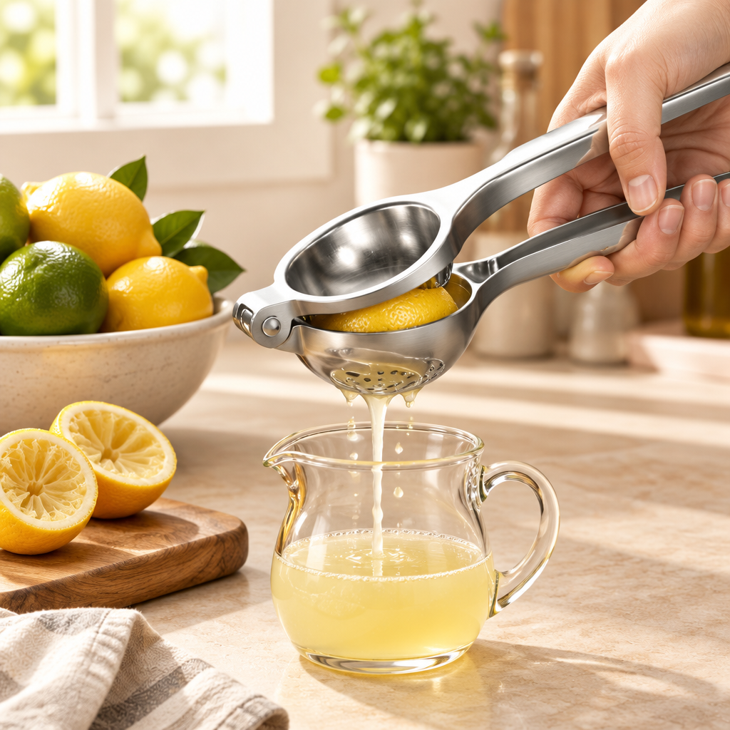 Stainless lemon squeezer pressing a lemon into a glass jug on a kitchen counter