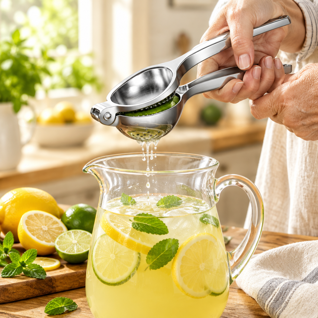 Squeezing fresh lime into homemade lemonade