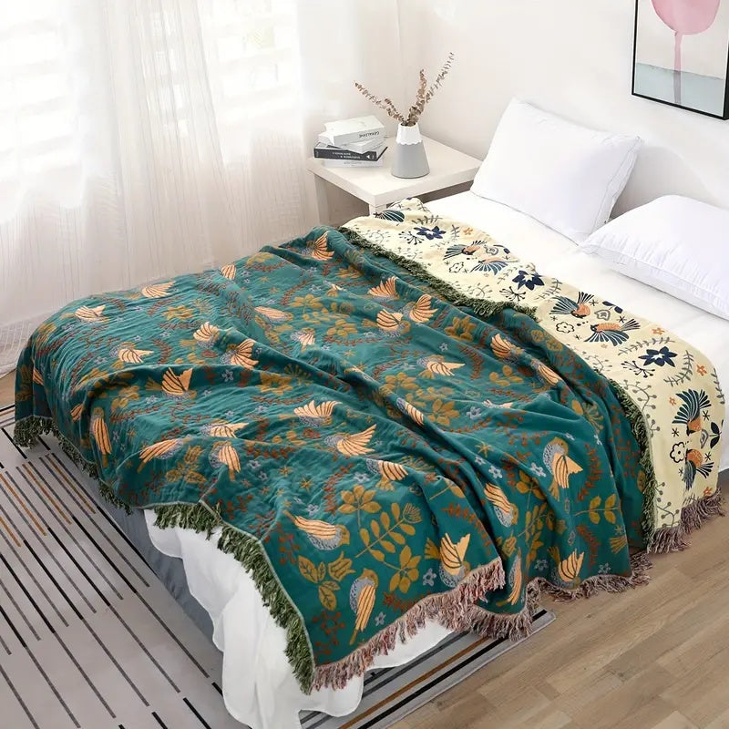 Reversible Scandinavian Bird Blanket | 100% Cotton Blanket — product close-up