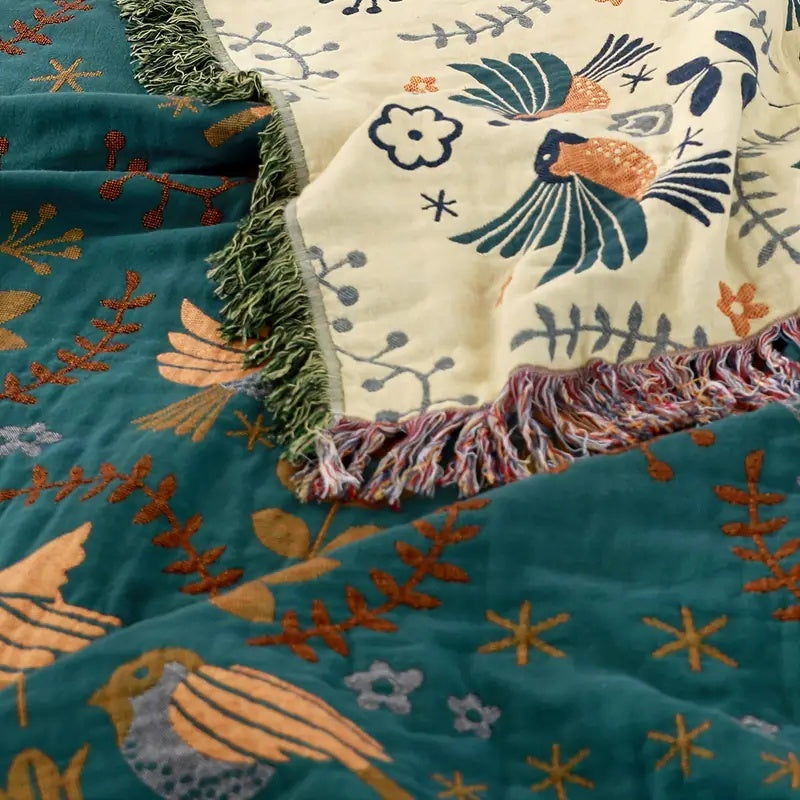 Reversible Scandinavian Bird Blanket | 100% Cotton Blanket — alternate angle view