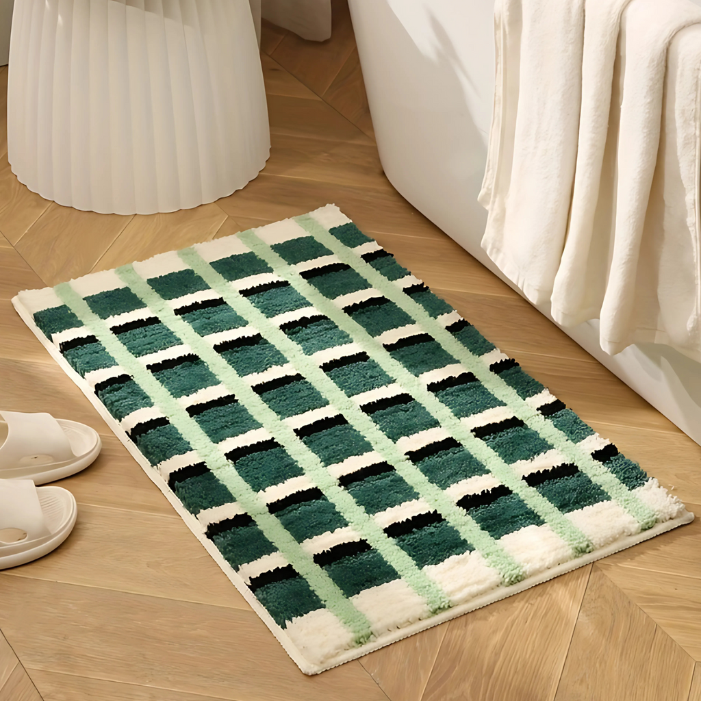 Moss Green Geometric Flock Bath Mat — main product photo